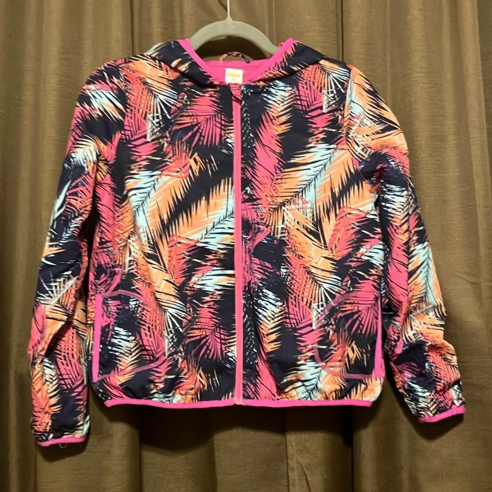 Gymboree Girls Navy Pink Orange Palm-Print Hooded Jacket, Size XL
